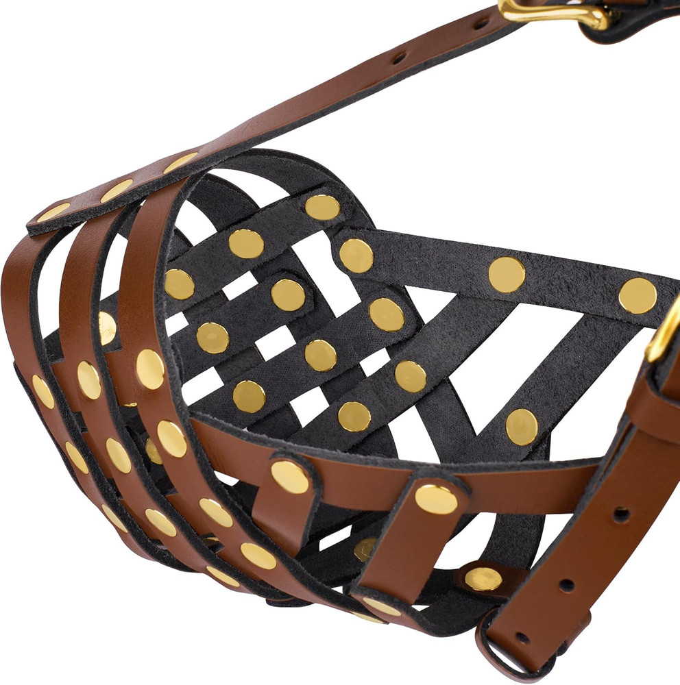 Pitbull Dog Muzzle for Large Dogs - Leather Breathable Secure Basket Muzzle for
