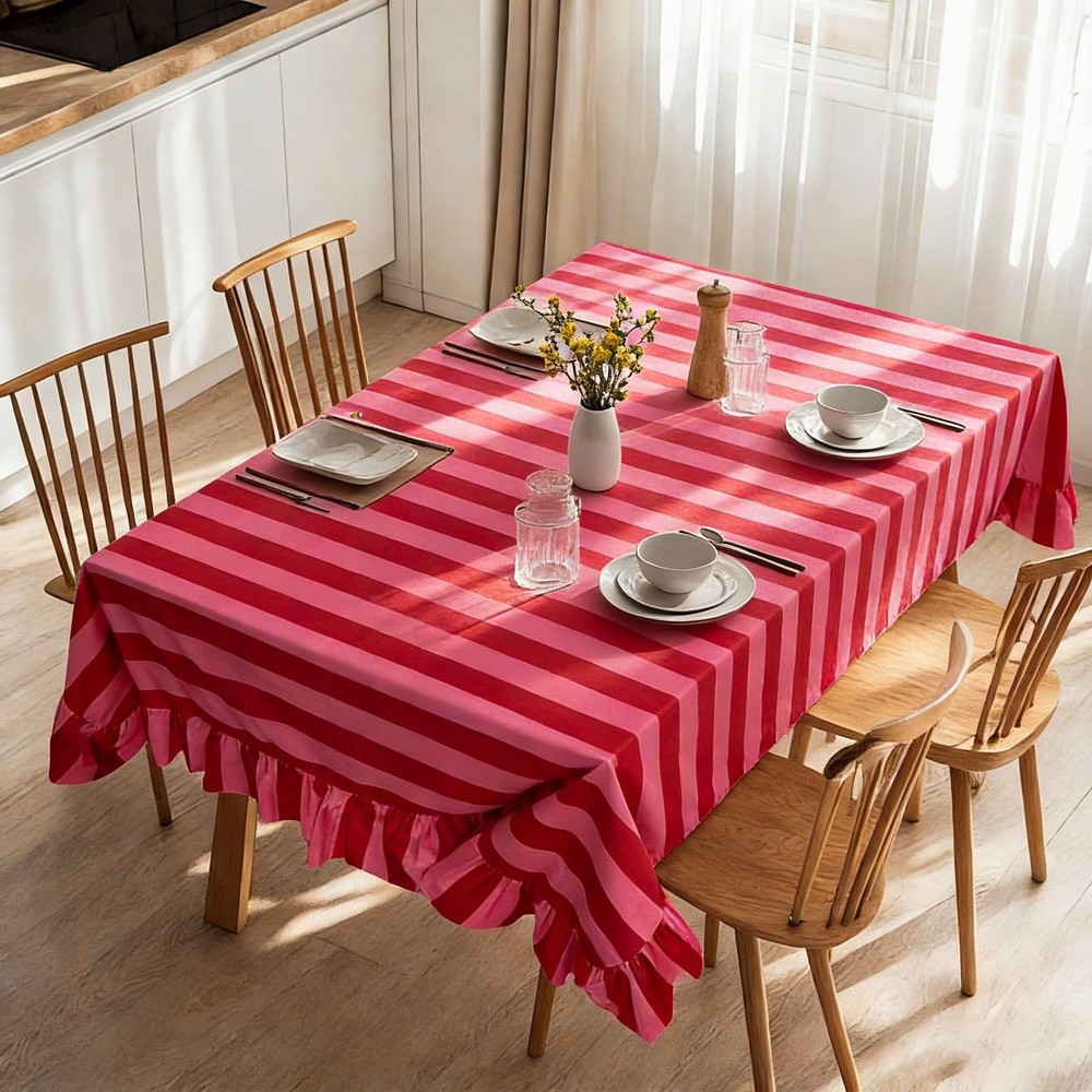 Ruffle Tablecloth Table Cloth Boho Pink Red Striped Rectangle Decorative Tabl...