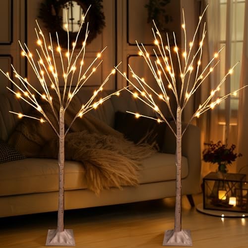 2 Pack Lighted Birch Tree, 4 FT Total 96 LED Pre-lit Artificial Christmas