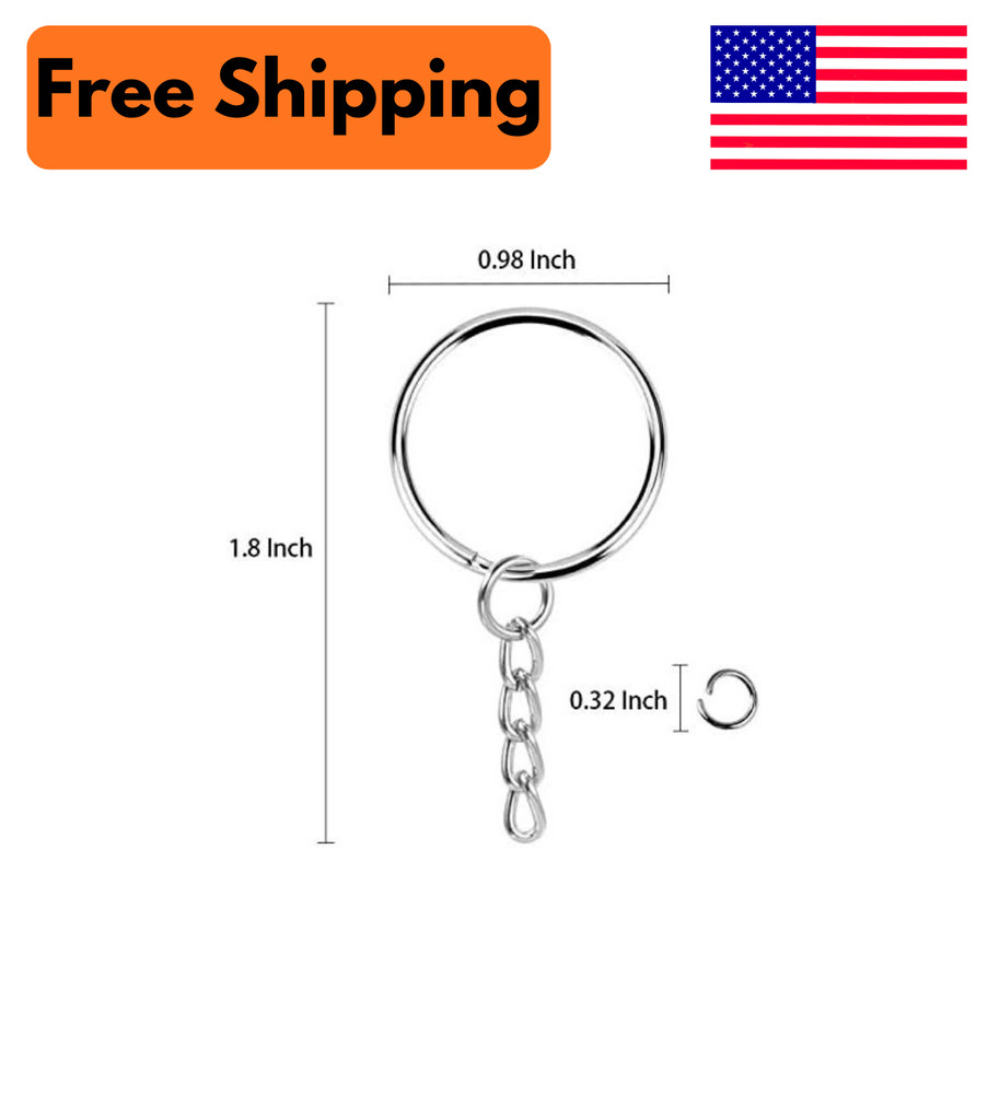 100 Pack 1” Key Rings with Chain & Open Jump Ring Split Round Keychain Bulk New