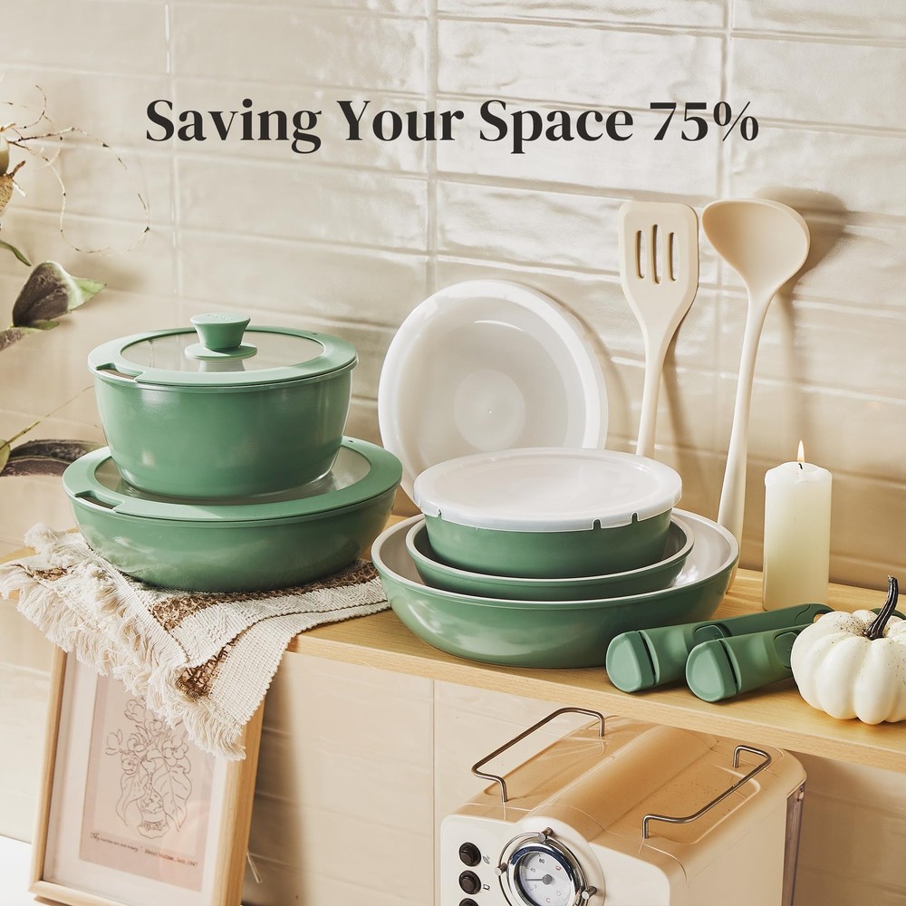16pcs Ceramic Pots and Pans Set Non Stick, Nonstick Ceramic Cookware Set with...
