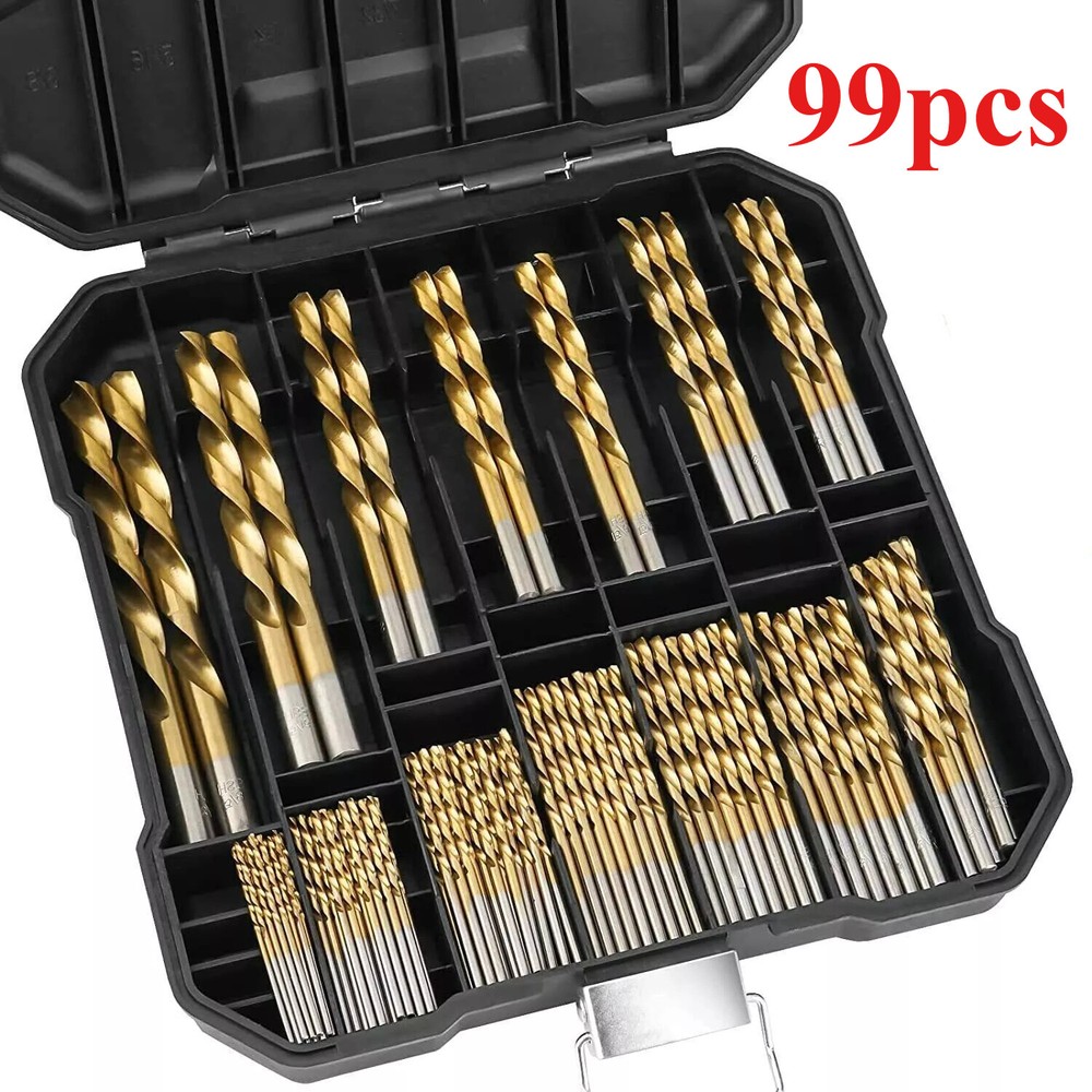99PCS Drill Bit Set 1/16"-3/8" HSS Titanium Multi Drill Bits Twist Metal Tools