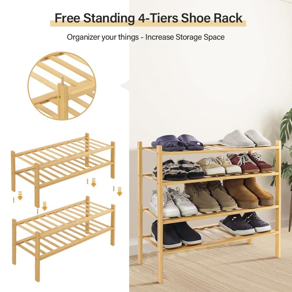 Bamboo Shoe Rack 4 Tier Stackable Storage Organizer Natural Wood
