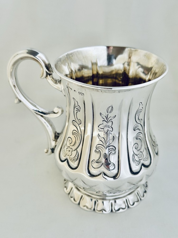 Antique Victorian Solid Sterling Silver Mug Scroll Handle Sheffield 1850
