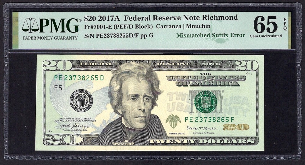 🇺🇸 ERROR 2017A $20 RICHMOND ♚♚MISMATCHED SUFFIX ERROR♚♚ PMG GEM UNC 65 EPQ