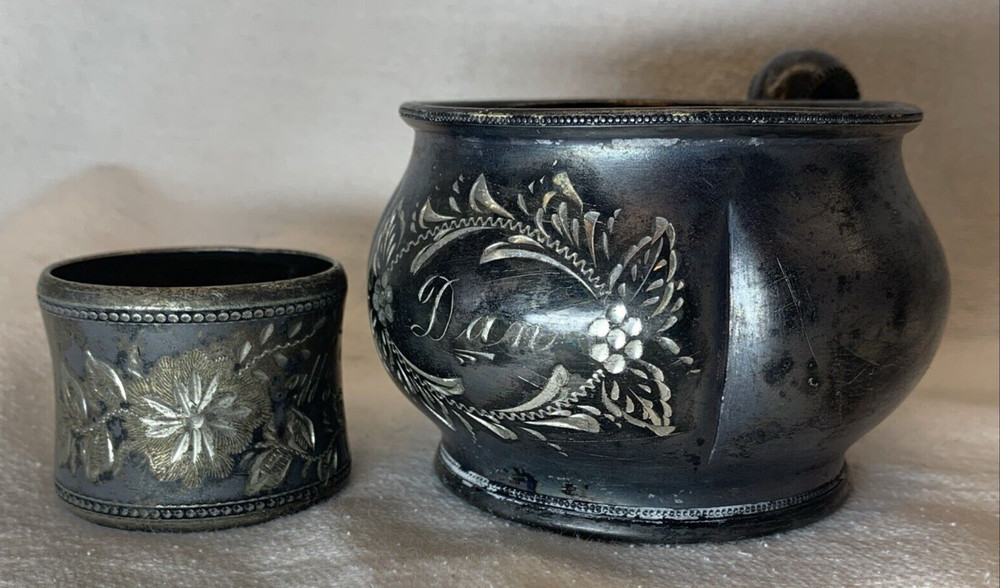 Antique Silverplate Embellished Napkin Ring & Sugar "Dan"