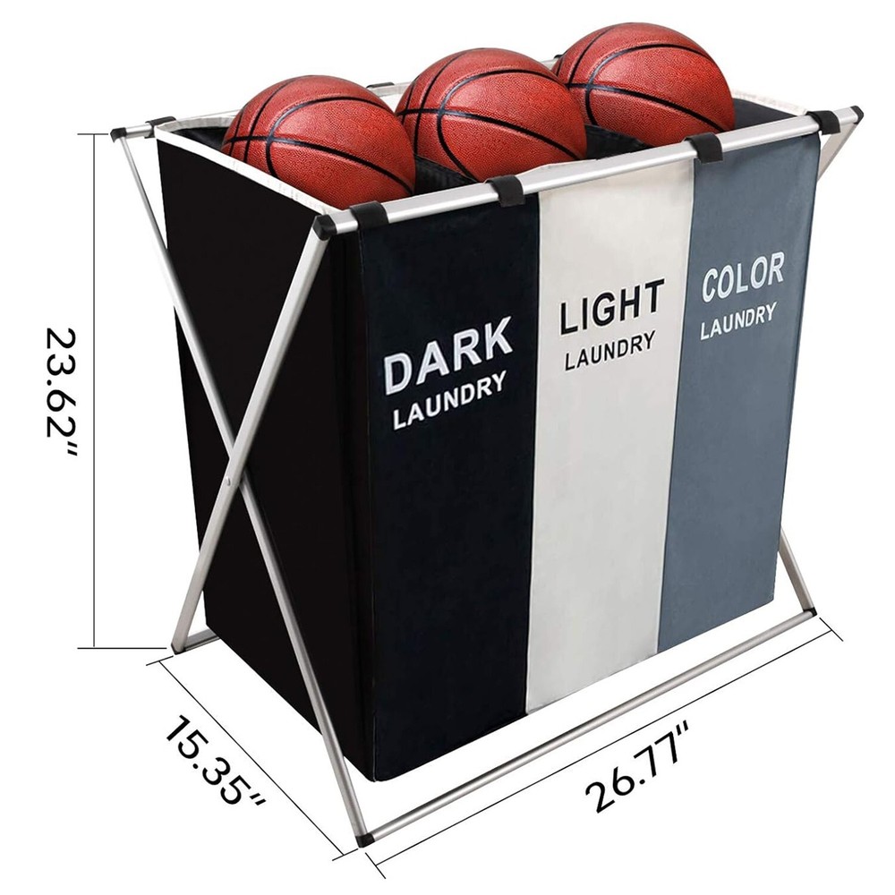 Large Laundry Basket 3 Section Foldable Dirty Clothes Hamper Storage Sorter Bag