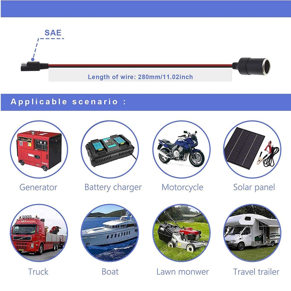 Cigarette Lighter Socket Female To SAE Car Solar Panel Battery Power Cable 14AWG