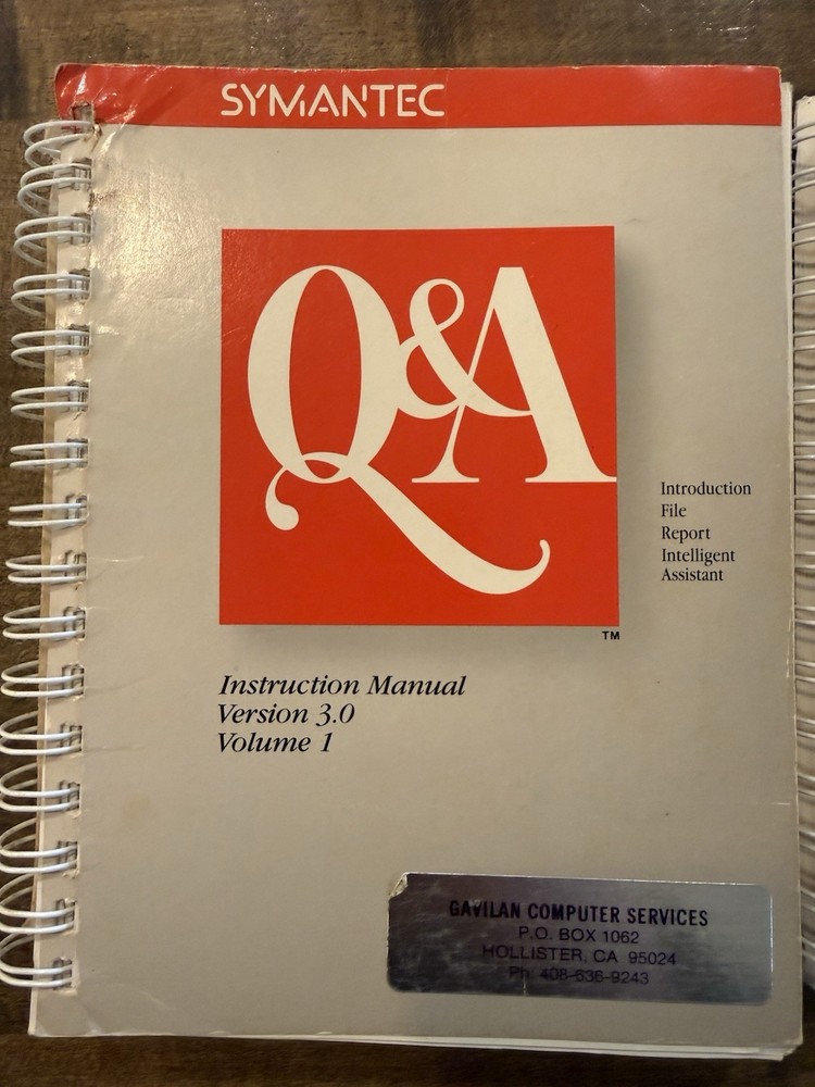 Symantec Q&A Instruction Manual Version 3.0 Volume 1 & 2 Vintage Software Guide