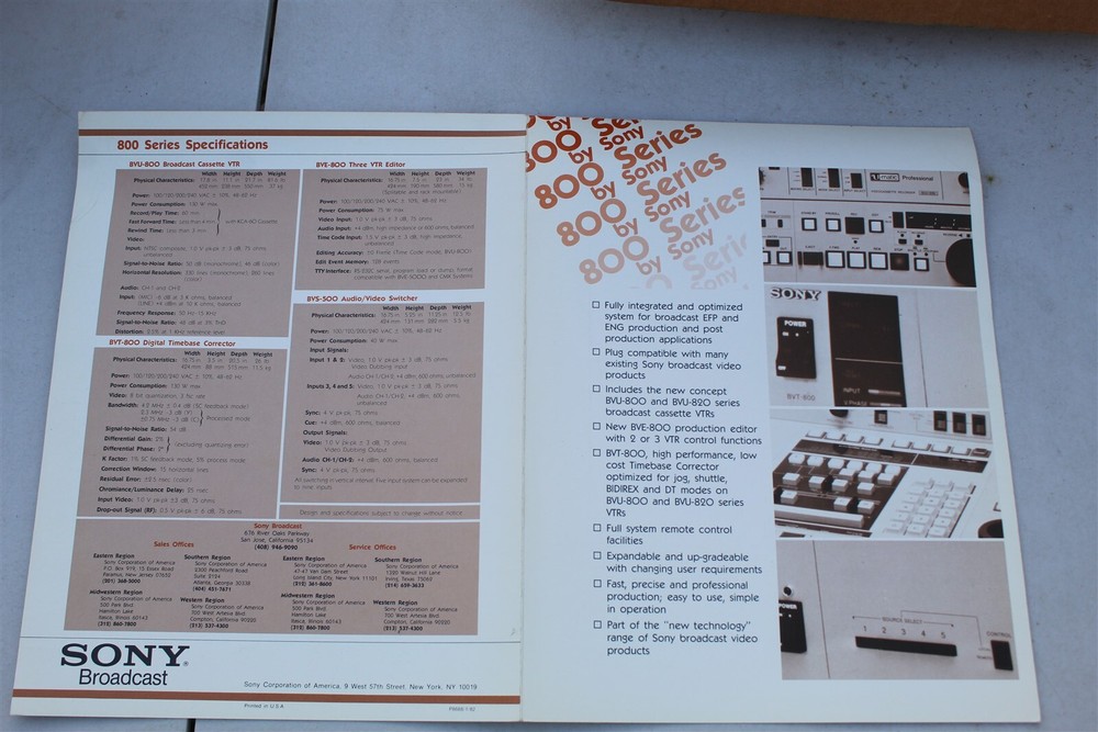 SONY 800 SERIES EDITOR / CASSETTE / ACCESSORIES BROCHURE - SPECIFICATION SHEET