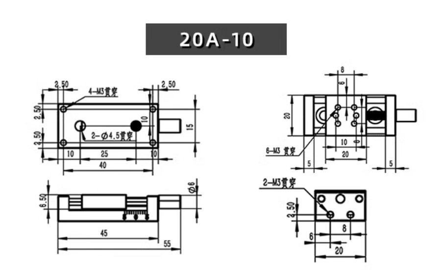 X - Axis 20A-DB10 Manual Linear Stage Translation Displacement Platform 20x10mm