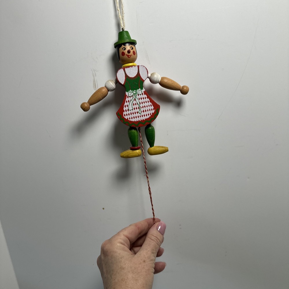 Vintage Austrian Wood Dancing Toy Pull String 8” Folk Art Ornament EUC