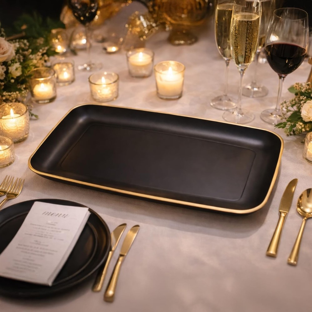 Blue Sky Organic Black Disposable Rectangular Trays with Gold Rim - 2 Count, 18"