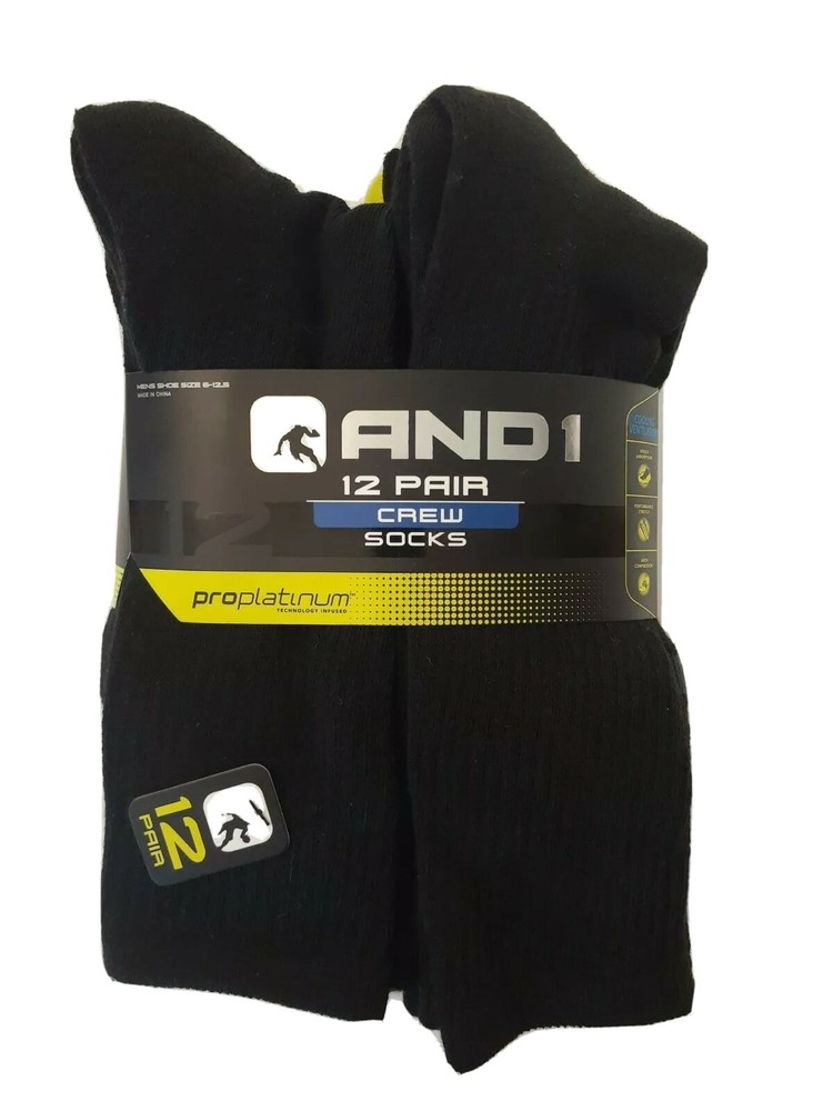 AND1 Black 12 Pair ProPlatinum Crew Socks Arch Compression Proplatinum