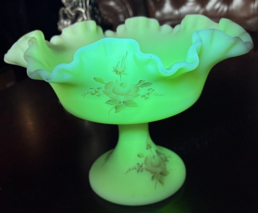 Fenton Compote Painted And Signed Hart Uranium Custard Glass