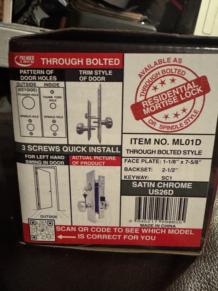 Premier Lock Mortise Lock Set Model ML01D Left Handed Satin Chrome