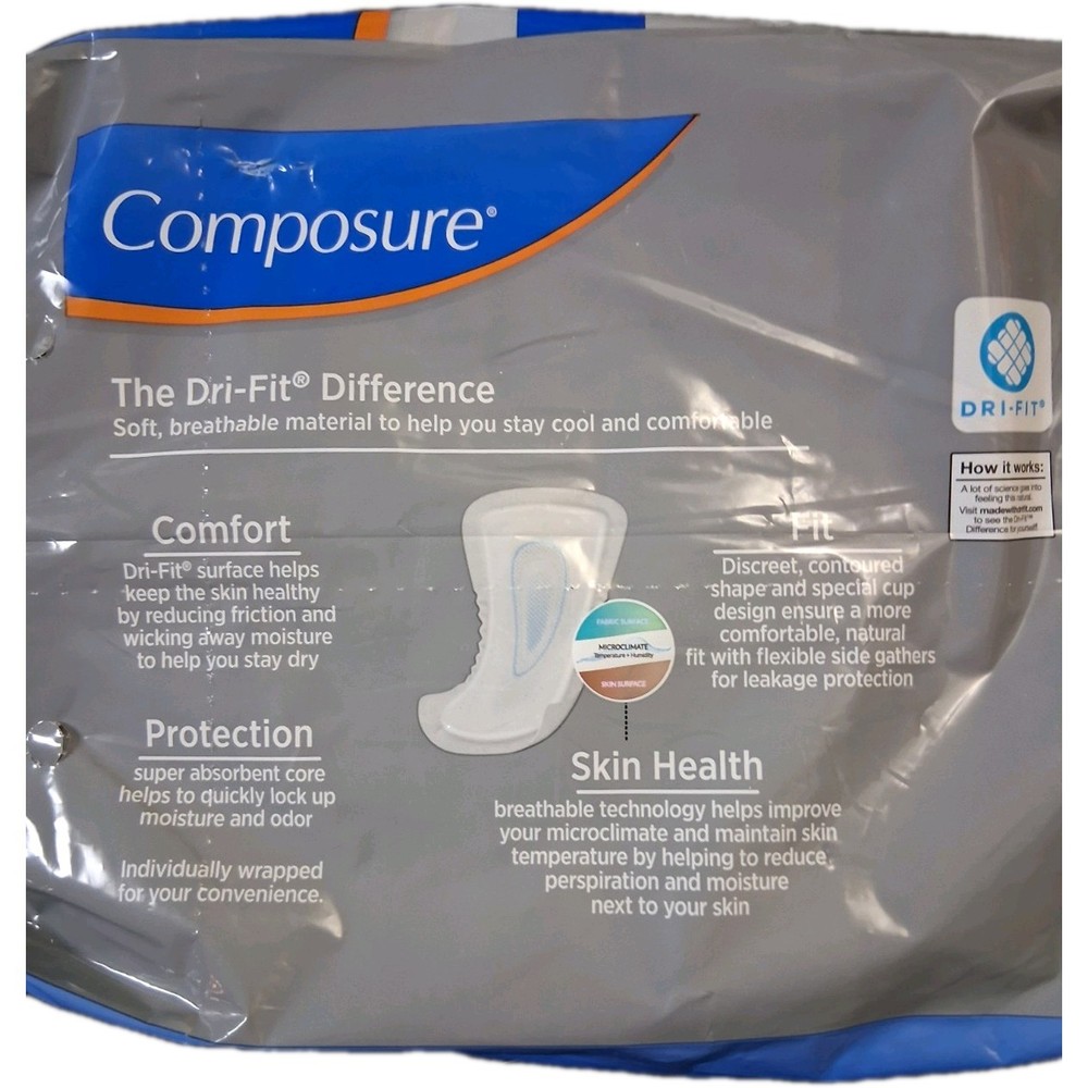 Composure Men's Incontinency Guards, 52 Count, Maximum Absorbency, Dri-Fit, New