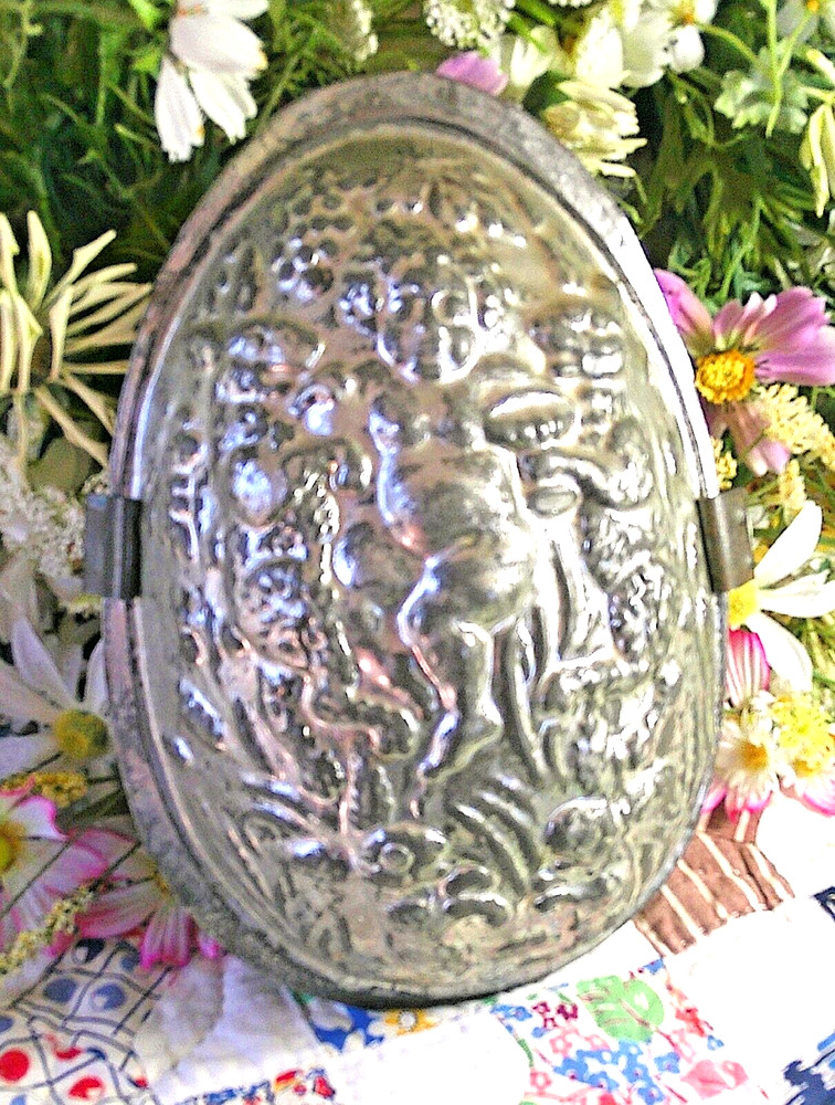 HUGE Vintage Chocolate Mold Easter Egg Cherub Bacchus with Bunny Rabbits 2 pc