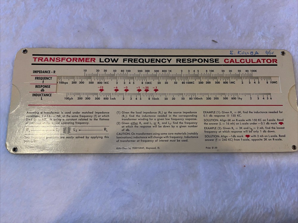 Vintage: Aladdin Electronics Transformer Low Frequency Response Calculator 1963