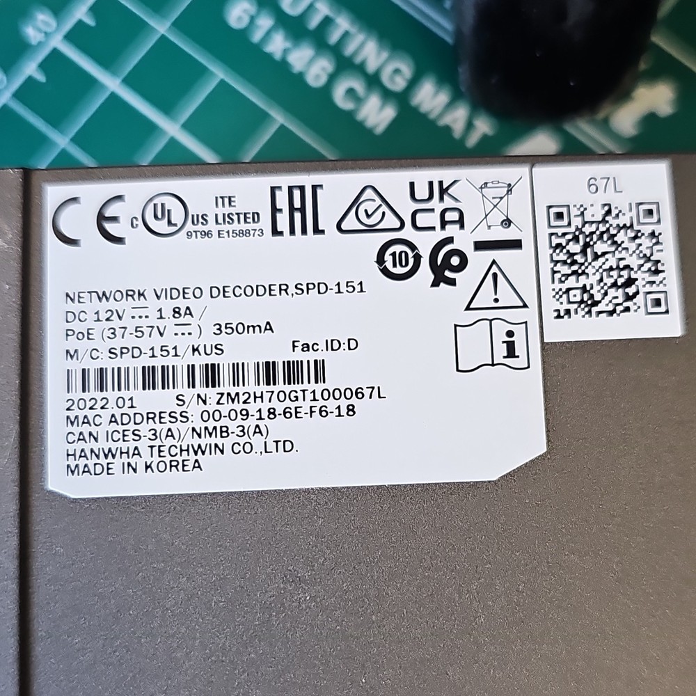 Wisenet SPD-151 Network Video Decoder IP USB HDMI Ethernet PoE 12V 2022