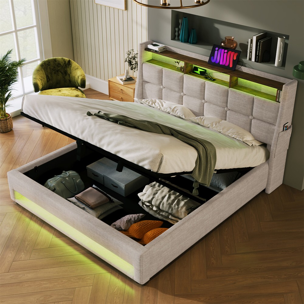 Queen Size LED Bed Frame Upholstered Platform Bed w/ Hydraulic Storage System US