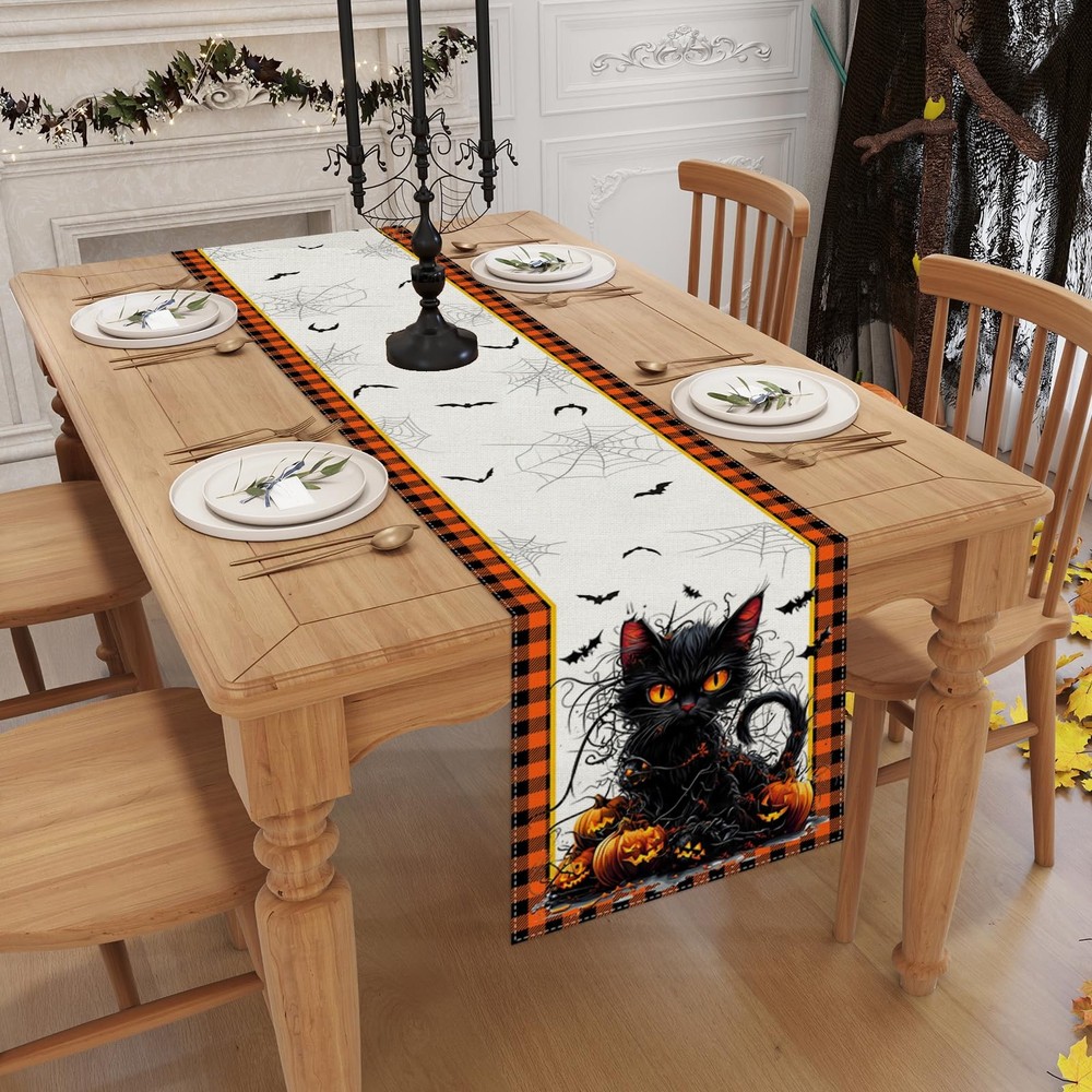 Halloween Decorations Black Cat Pumpkin Bat Spiderweb Table Runner Gift 13"x72"