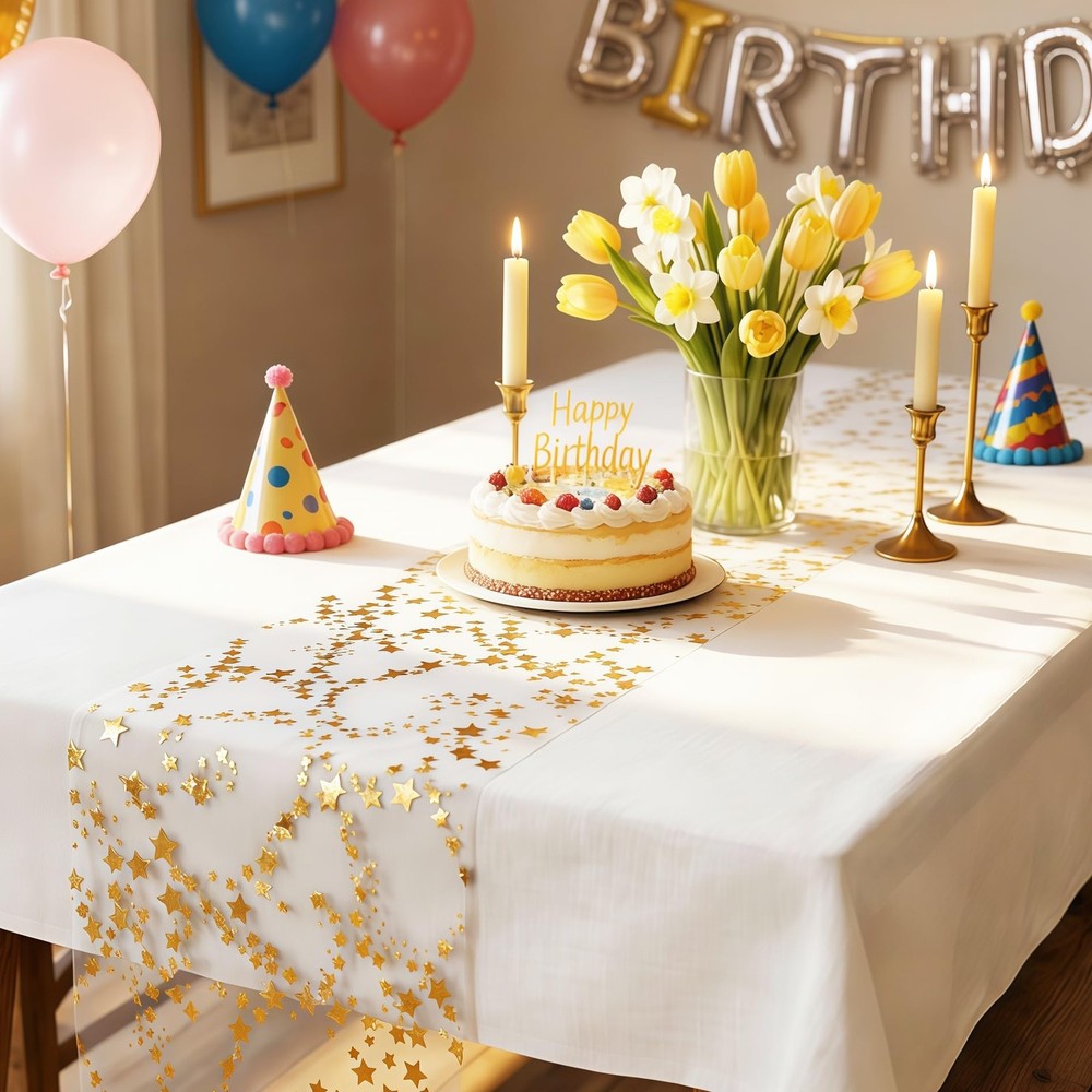 Gold Table Runner Easter Table Decorations, 16 Ft Golden Star Sheer Chiffon T...
