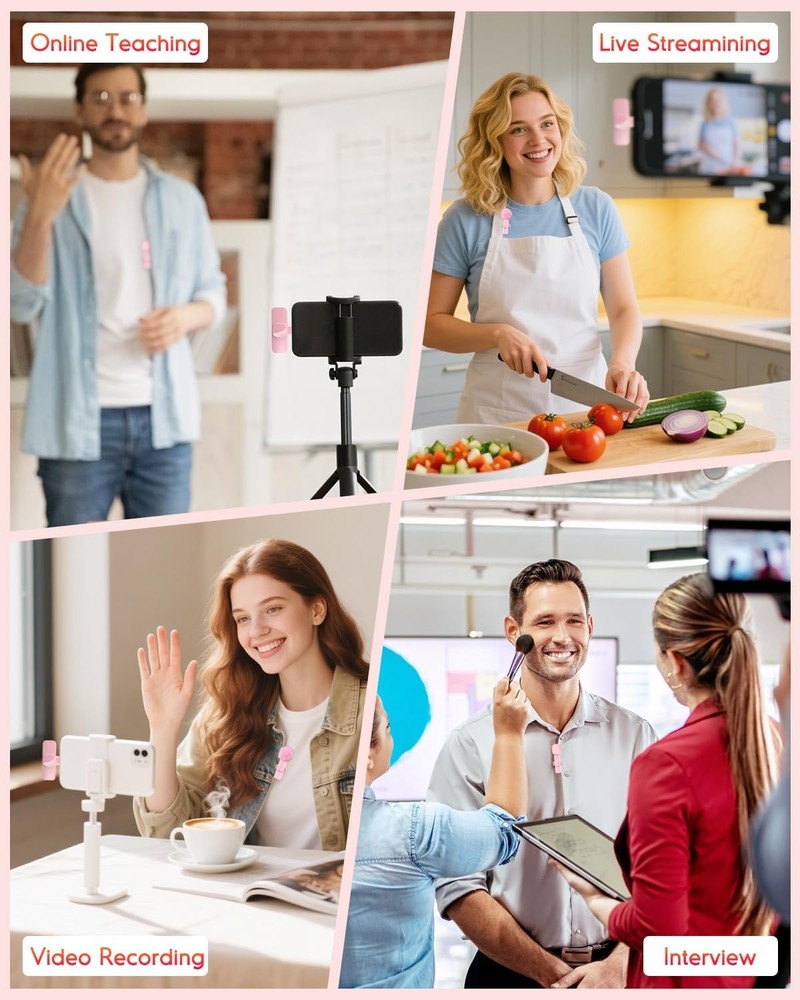 Pink Mini Wireless Microphone for iPhone & Android, Lavalier Microphone with Noi
