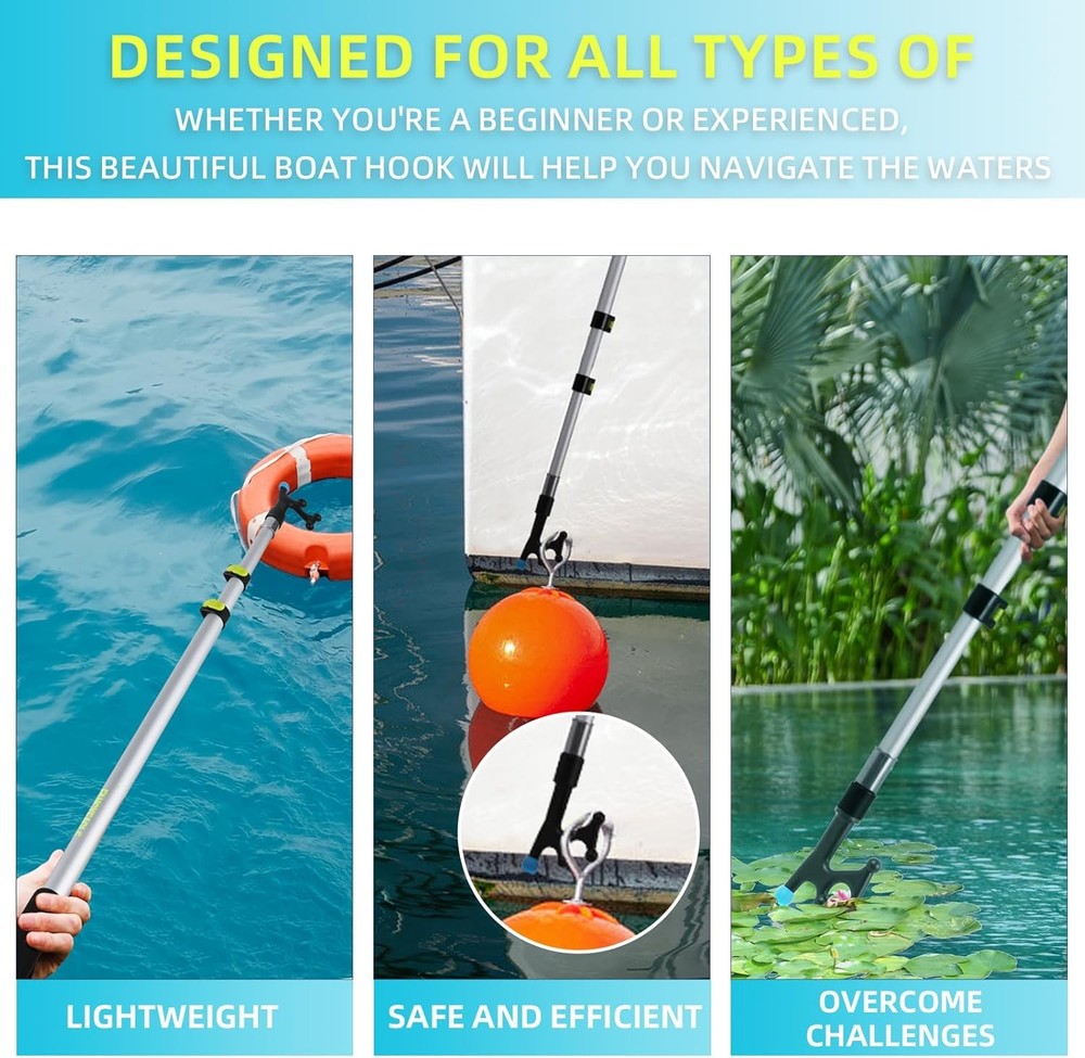 3.1-8FT Telescoping Extension Pole Boat Hook with Rubber silver