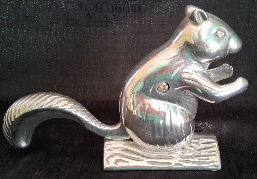 Vintage Cast Aluminum Figural Nutcracker Silver Squirrel on Hind Legs Long Tail
