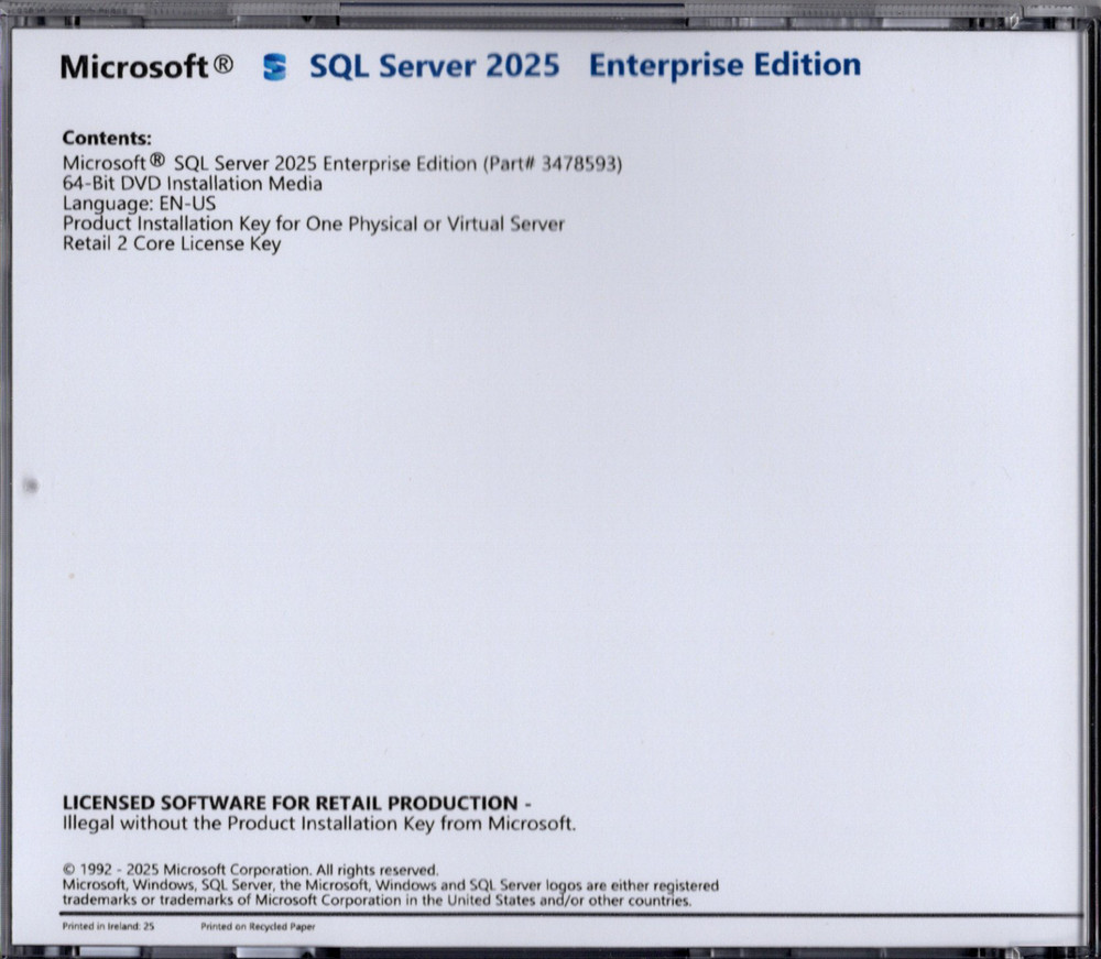 Microsoft SQL Server 2025 Enterprise with 2 Core License, unlimited User CALs