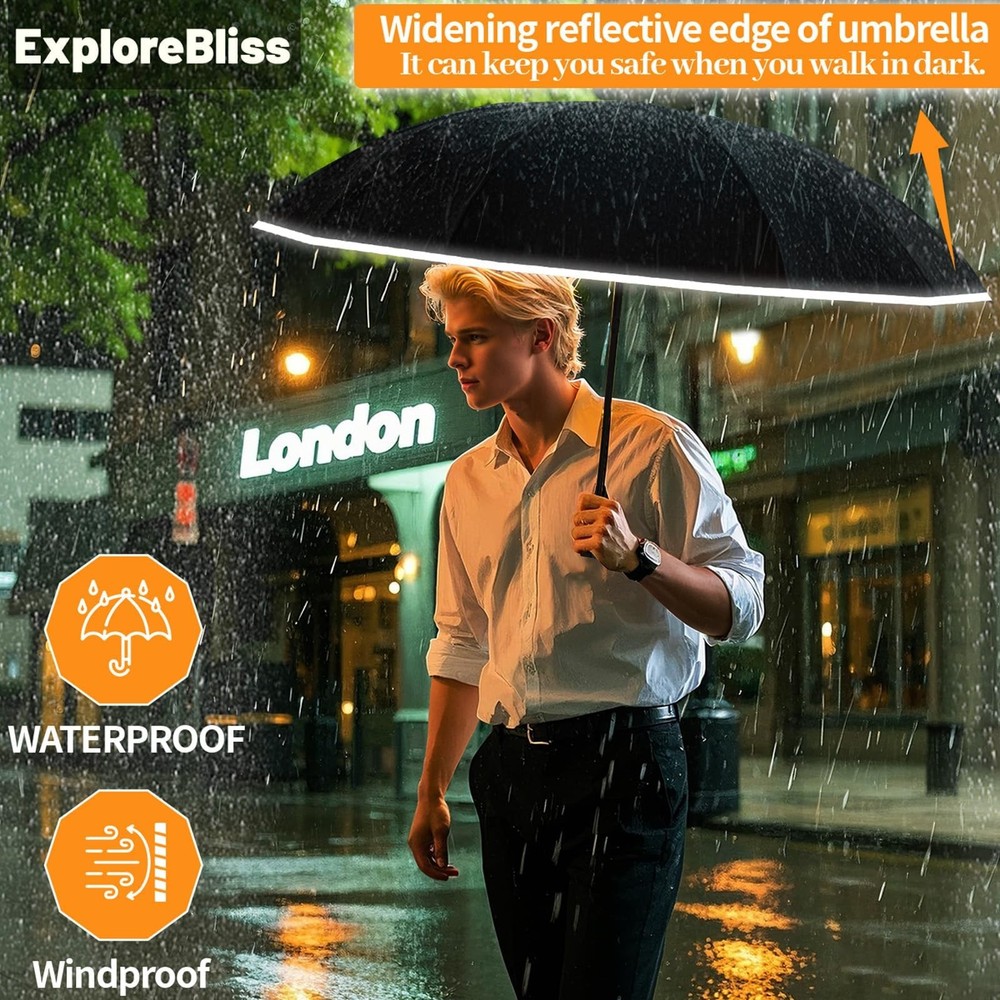 Inverted Automatic Travel Umbrella with Reflective Strip, Windproof & Compact...