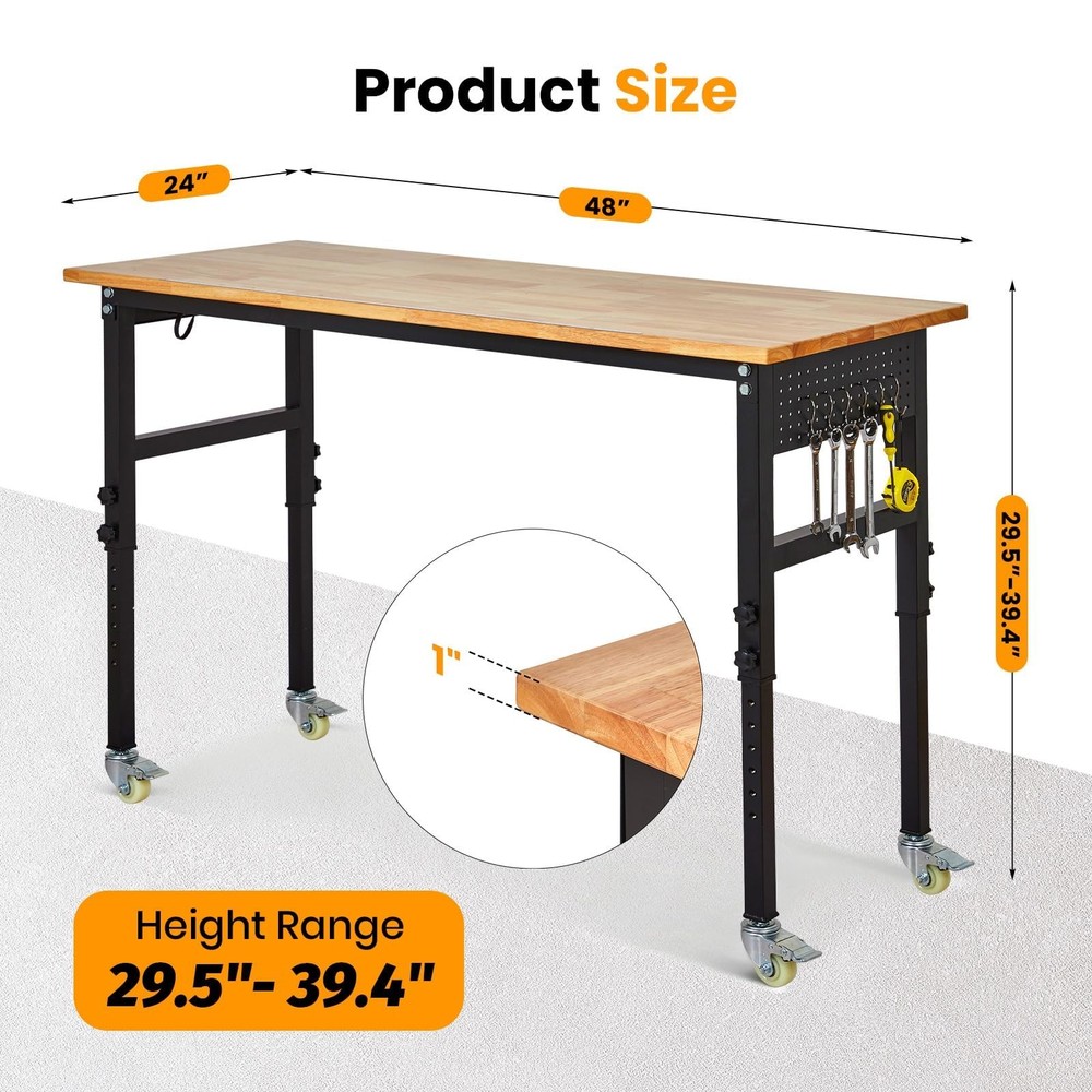 48" Adjustable Workbench 2000Lbs Load Work Bench with Pegboard & Power Outlets