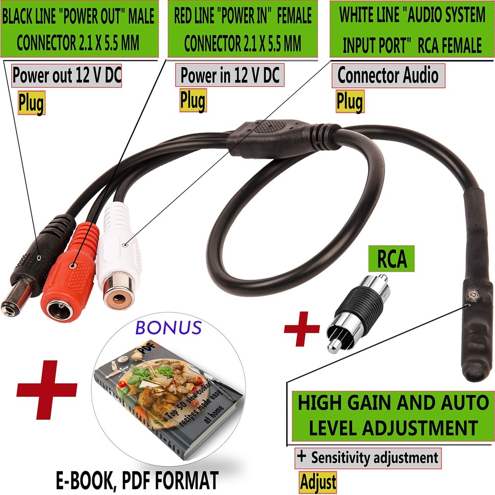 CCTV Microphone with Preamp RCA Audio Out 12V DC — Adjustable Gain — for DVR/...