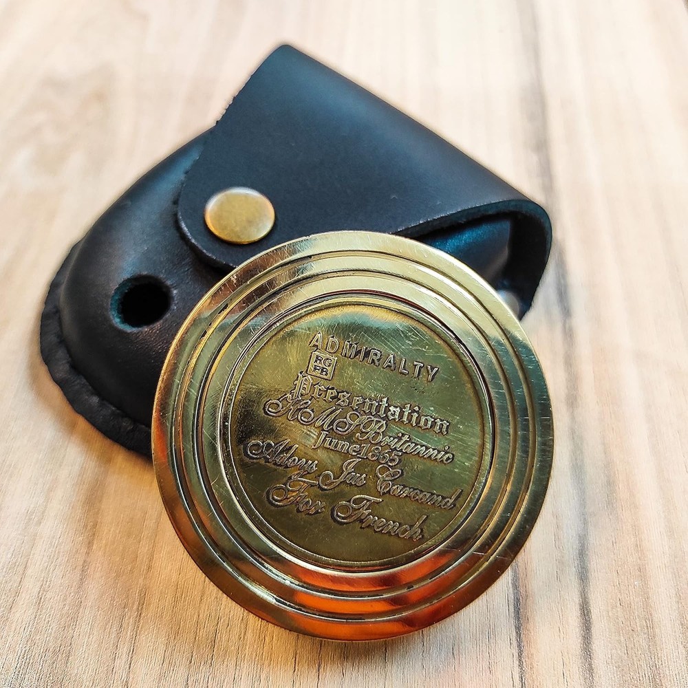 Maritime Treasures Brass Pocket Compass Navigation tool with Leather Case