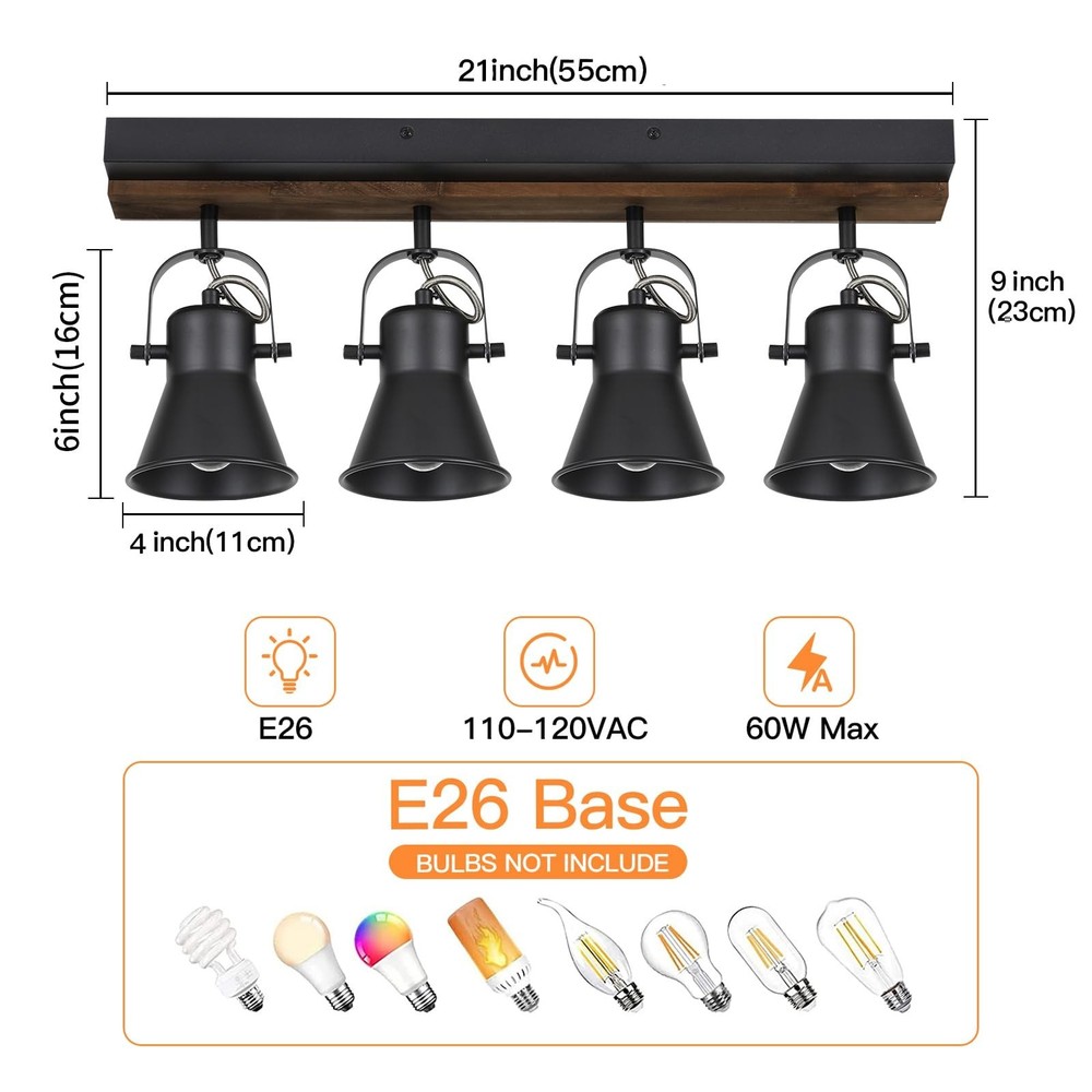 SEEBLEN 4-Light Kitchen Light Fixtures - Adjustable Ceiling/Wall Mount Spotli...