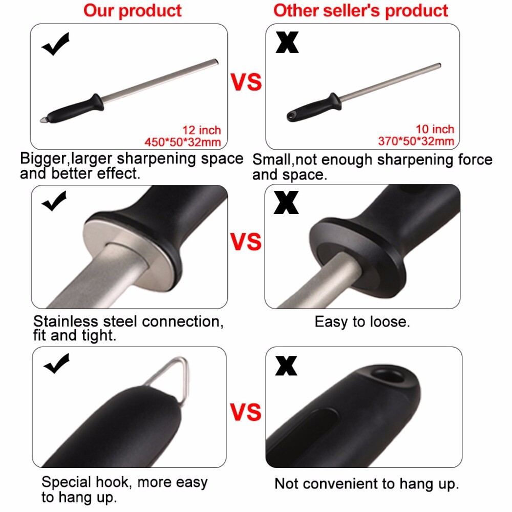 Pro 10" Diamond Knife Sharpener Rod Sharpening Tool for Kitchen Knives Scissors