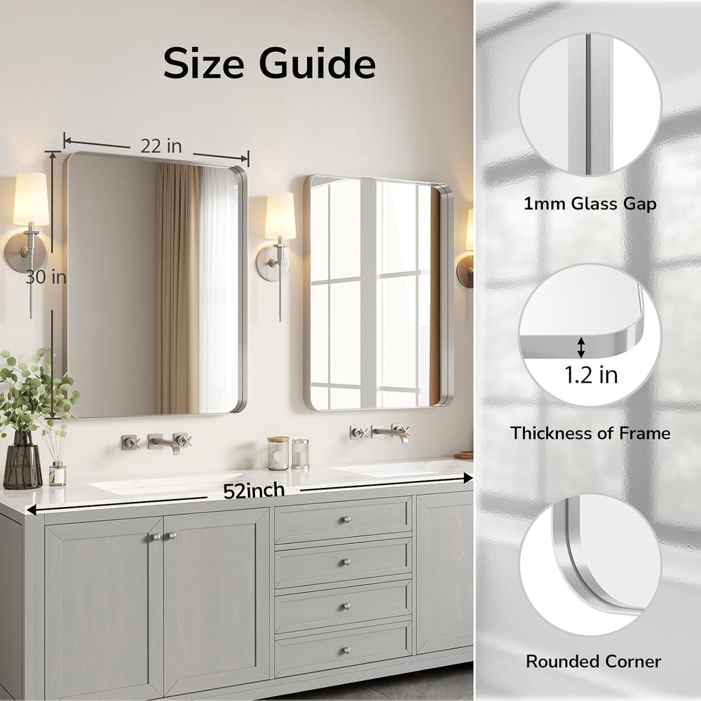 USHOWER 22x30 Brushed Nickel Bathroom Mirror 2 Pack Rectangle Wall Mounted Hooks