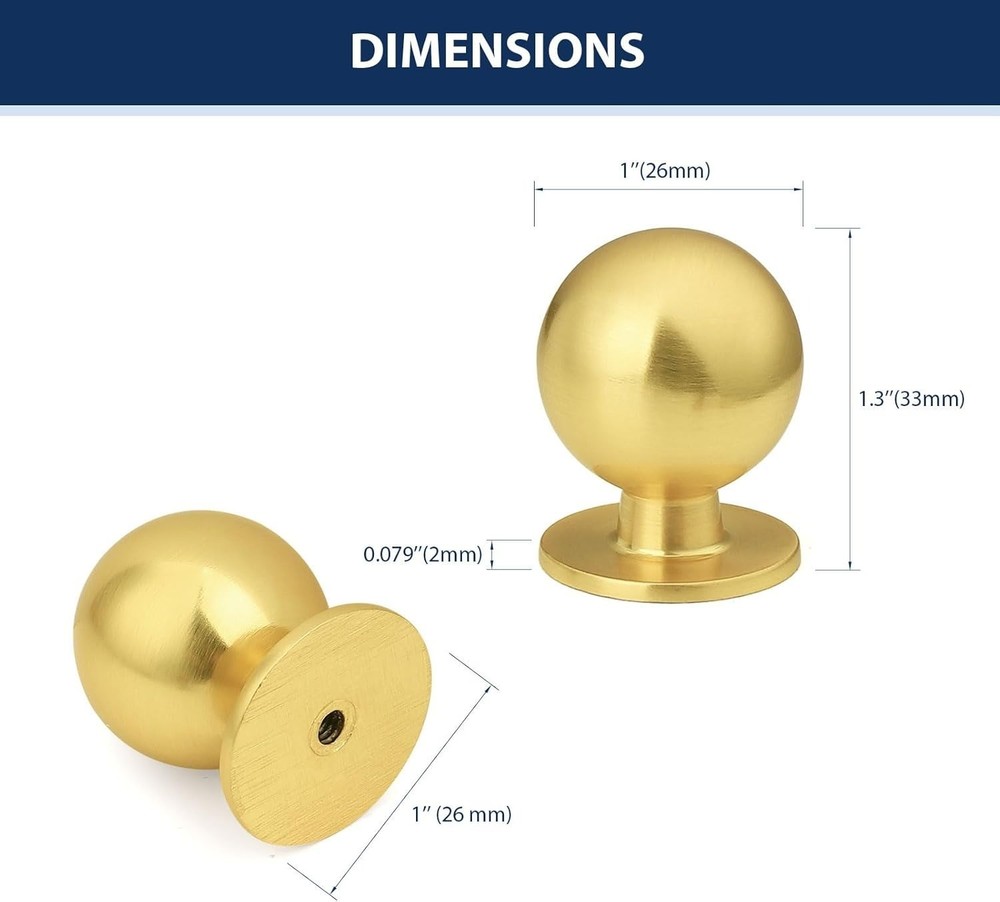 10 Pack Gold Cabinet Knob 1" Round Solid Zinc Ball Drawer Pull Kitchen Hardware