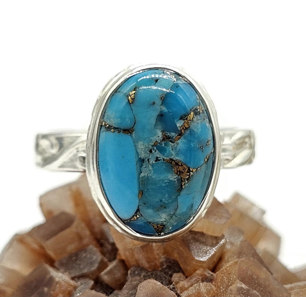 Blue Turquoise Ring, Size Q, Sterling Silver, Oval Shape, Copper Turquoise