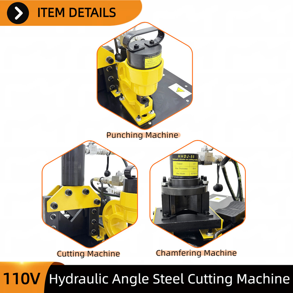 Electric Hydraulic 3-in-1 Angle Iron Processor Punching/Chamfering/Cutting 110V