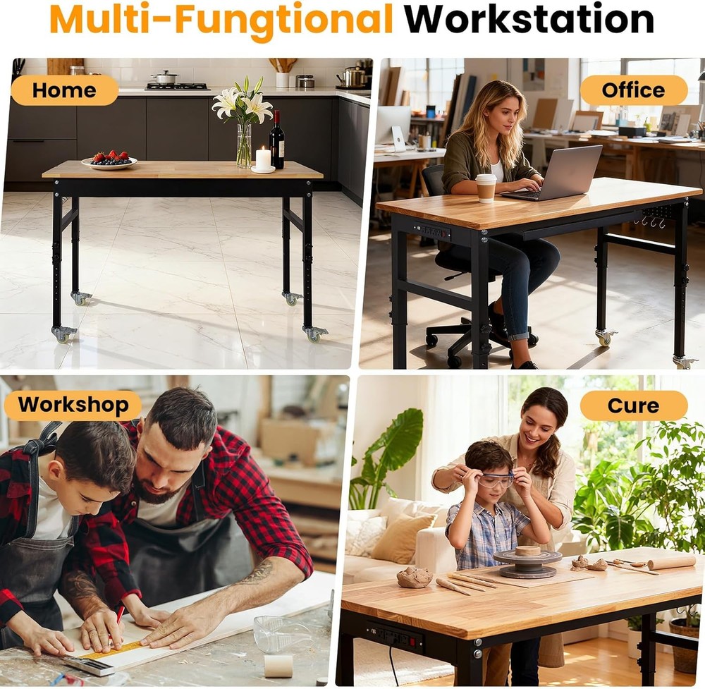 60" Adjustable Workbench with Drawer Work Table for Garage, Office, Home