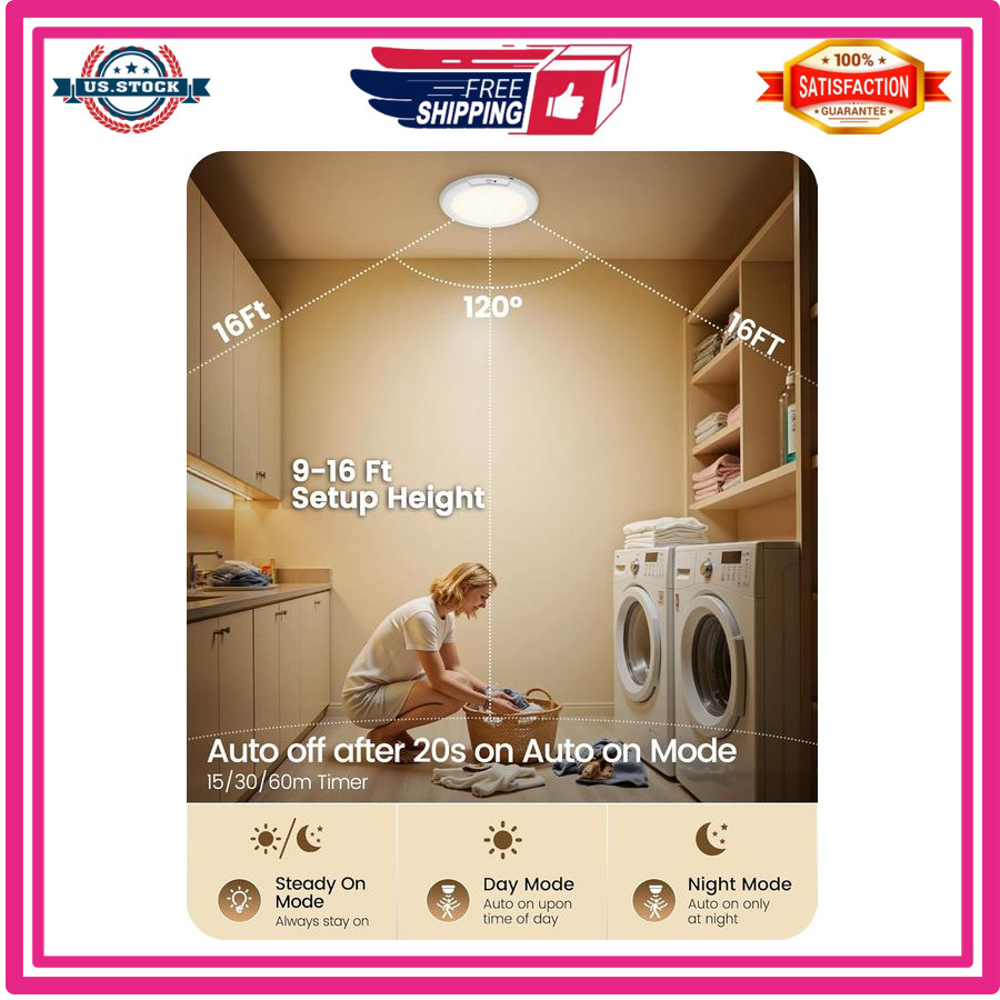 Rechargeable Motion Sensor Ceiling Light Wireless Dimmable Remote 3 Color