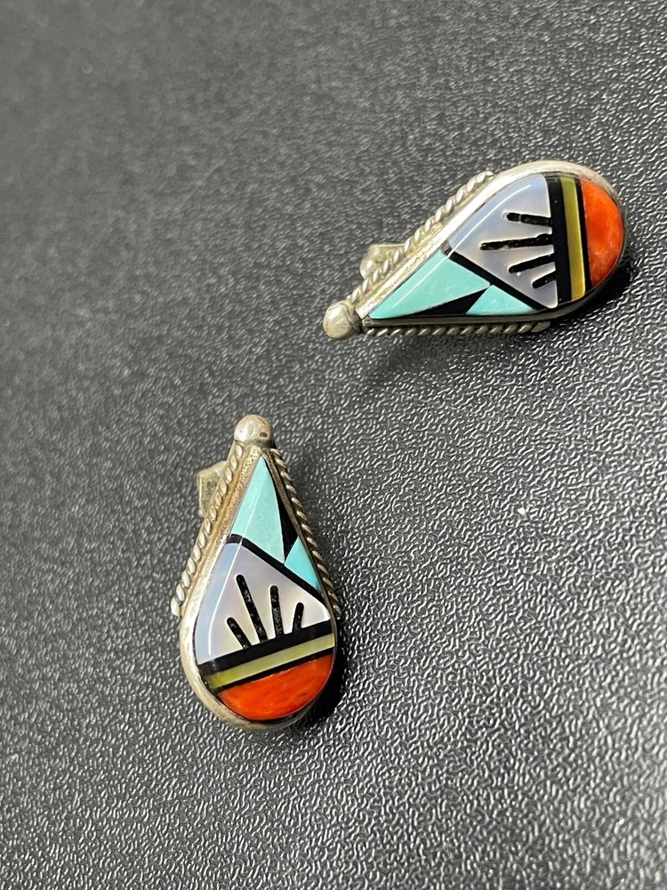 Sterling Silver Multi stone E.C.K Inlay Post Earrings - Cleo Kallestewa .7" each