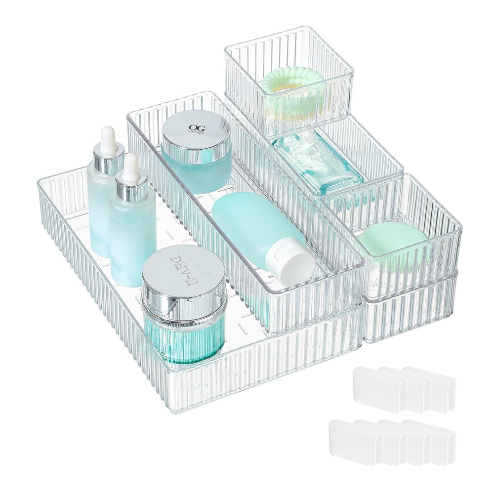 7 Pc Clear Drawer Organizer Bins, 4-Size, Stackable, Buckles, Makeup, Vanity