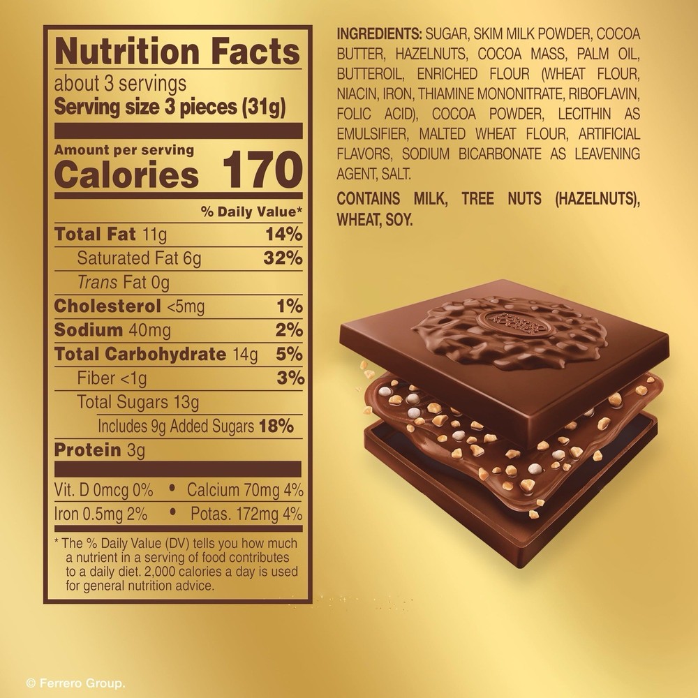 :.Ferrero Rocher Premium Milk Hazelnut Chocolate Squares 🍫 3.7 oz.: