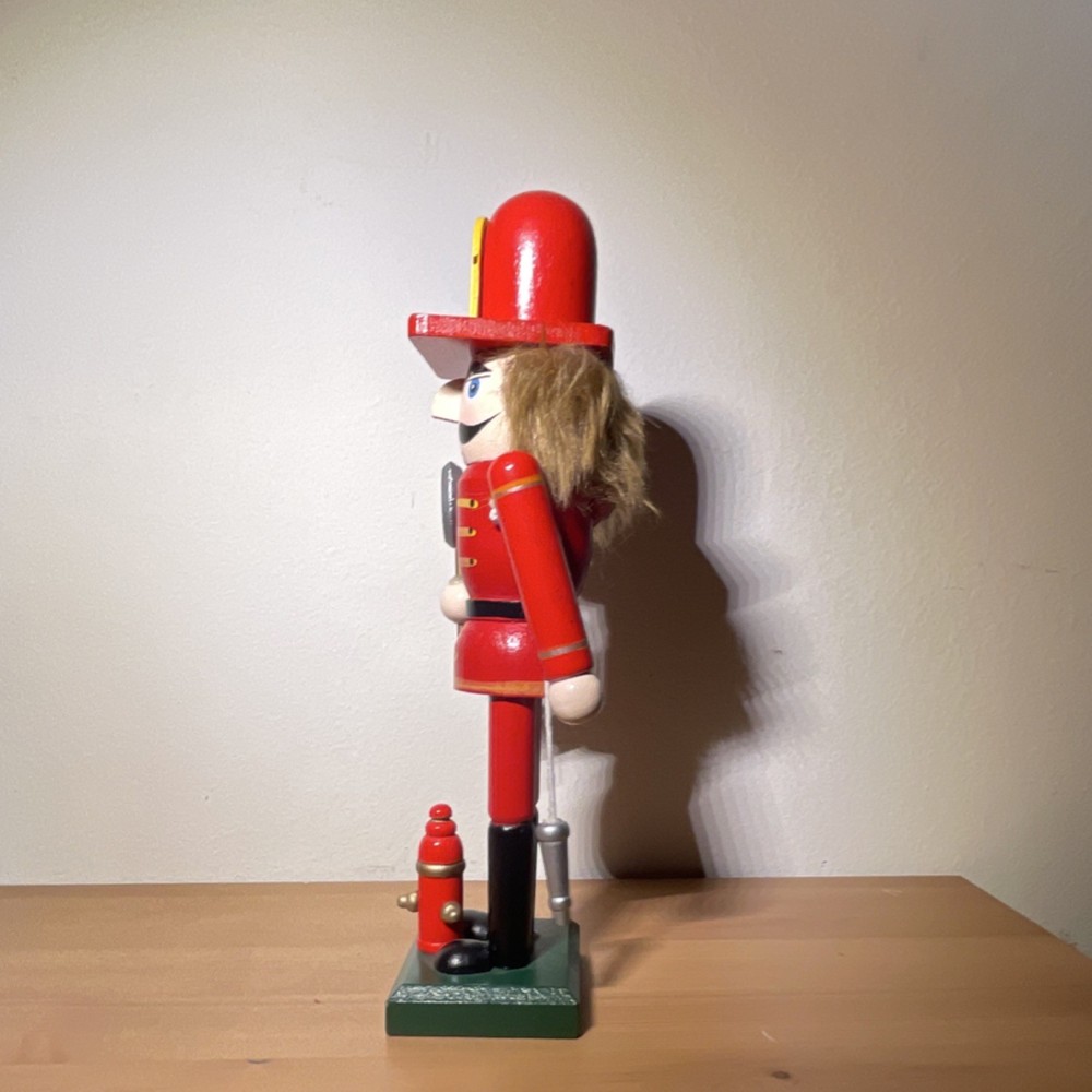Red Wooden Nutcracker Soldier Christmas Figurine with Axe and Fire Hydrant