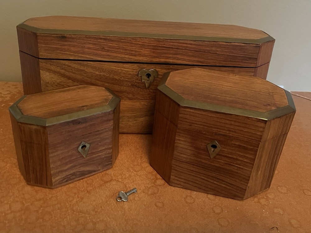 Vintage Foreside 3pc Solid Wood Locking Keepsake Boxes Brass Trim Nesting w/ Key