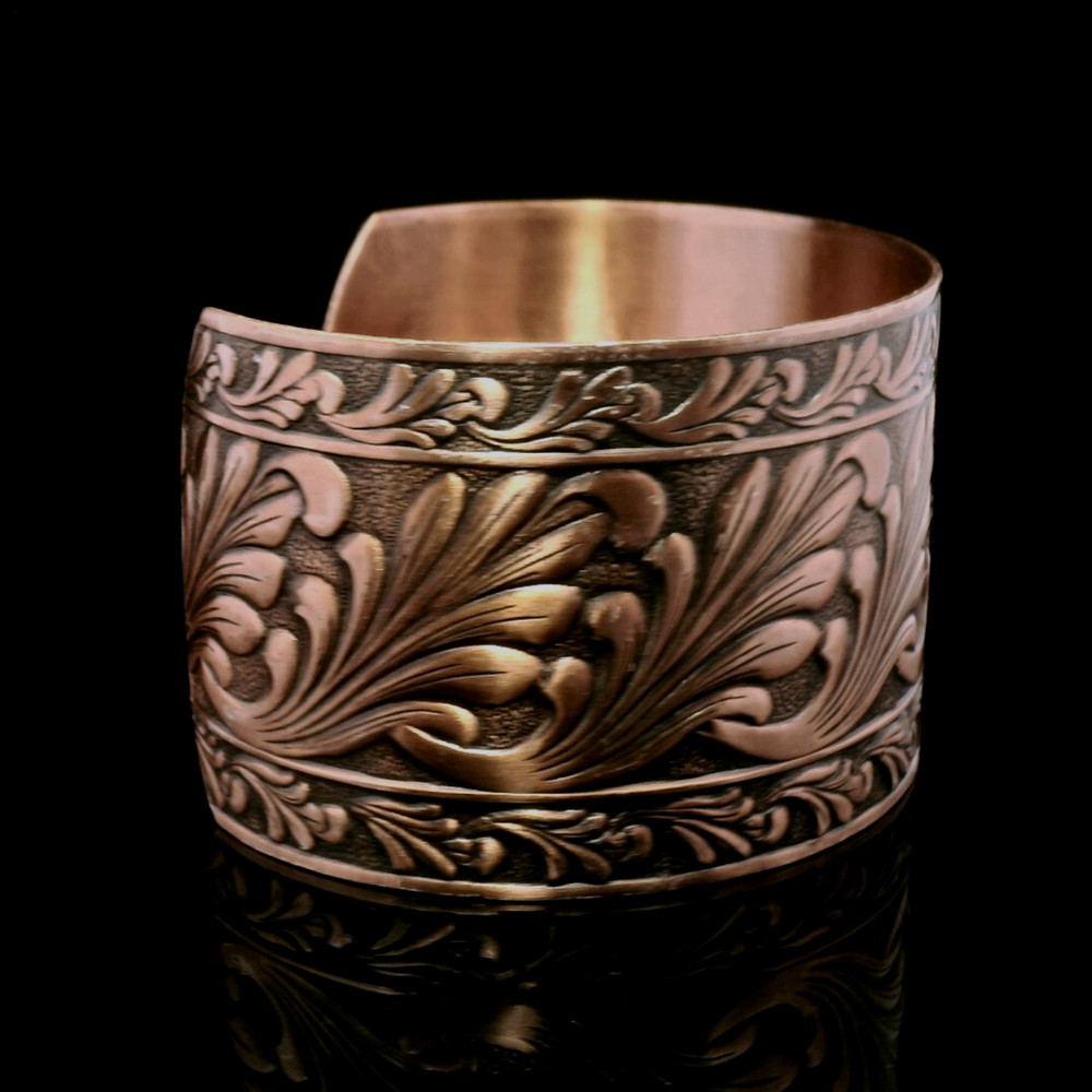 Solid Copper Adjustable Cuff Bracelet with Embossed Floral Design Antique Finish