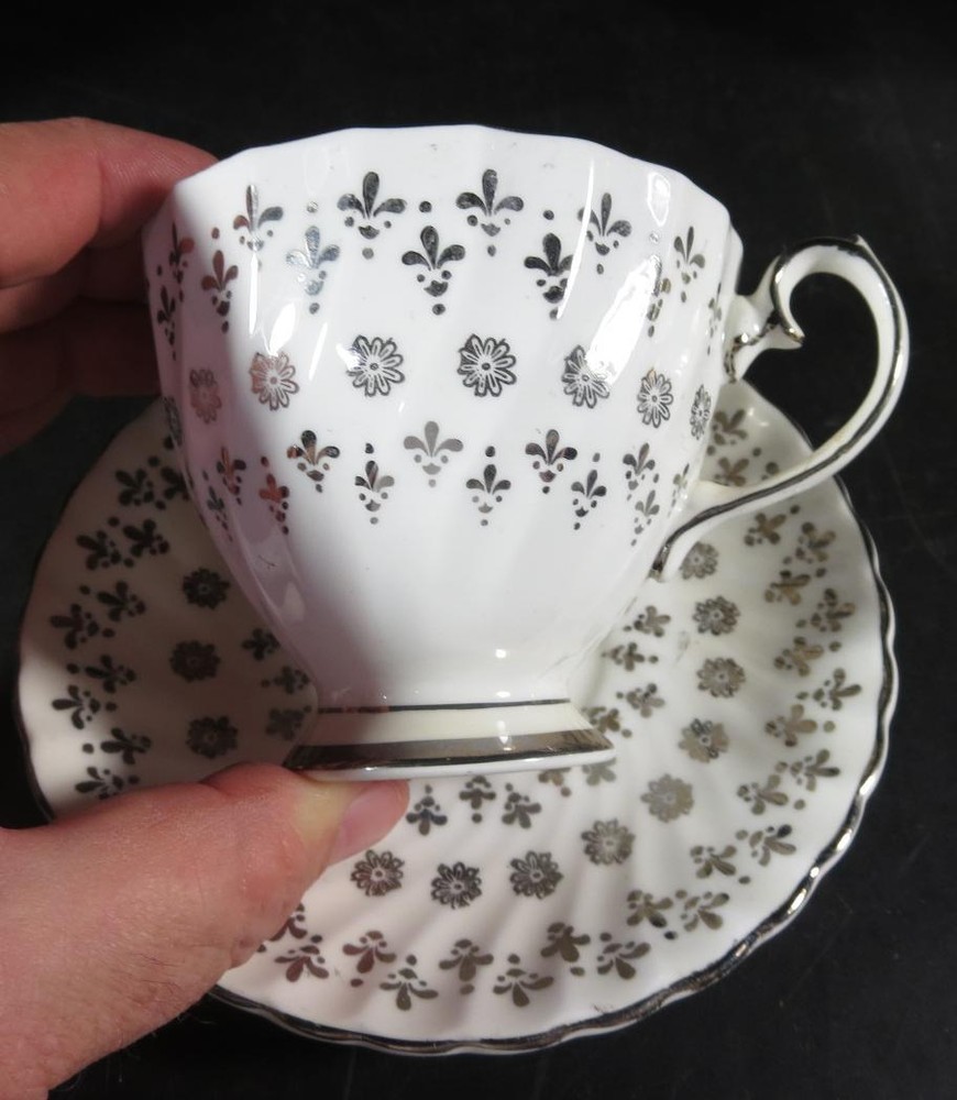 Gladstone China Cup & Saucer Silver Fleur de Lis